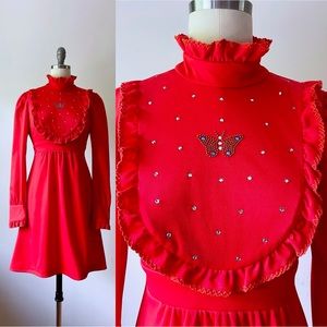 Vintage 60s Red Ruffled Mini Dress with Rhinestone Butterfly